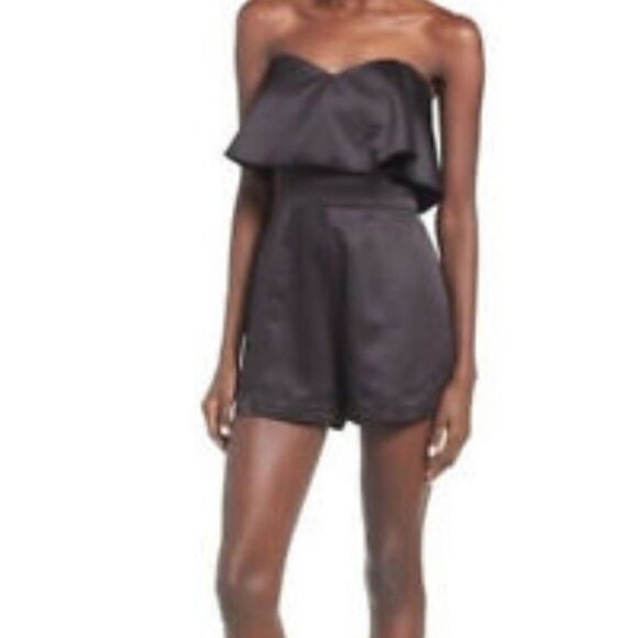J.o.a. Black Satin Sleeveless Shorts Romper w/Ruffle Neckline NWT Size Small - Picture 2 of 5